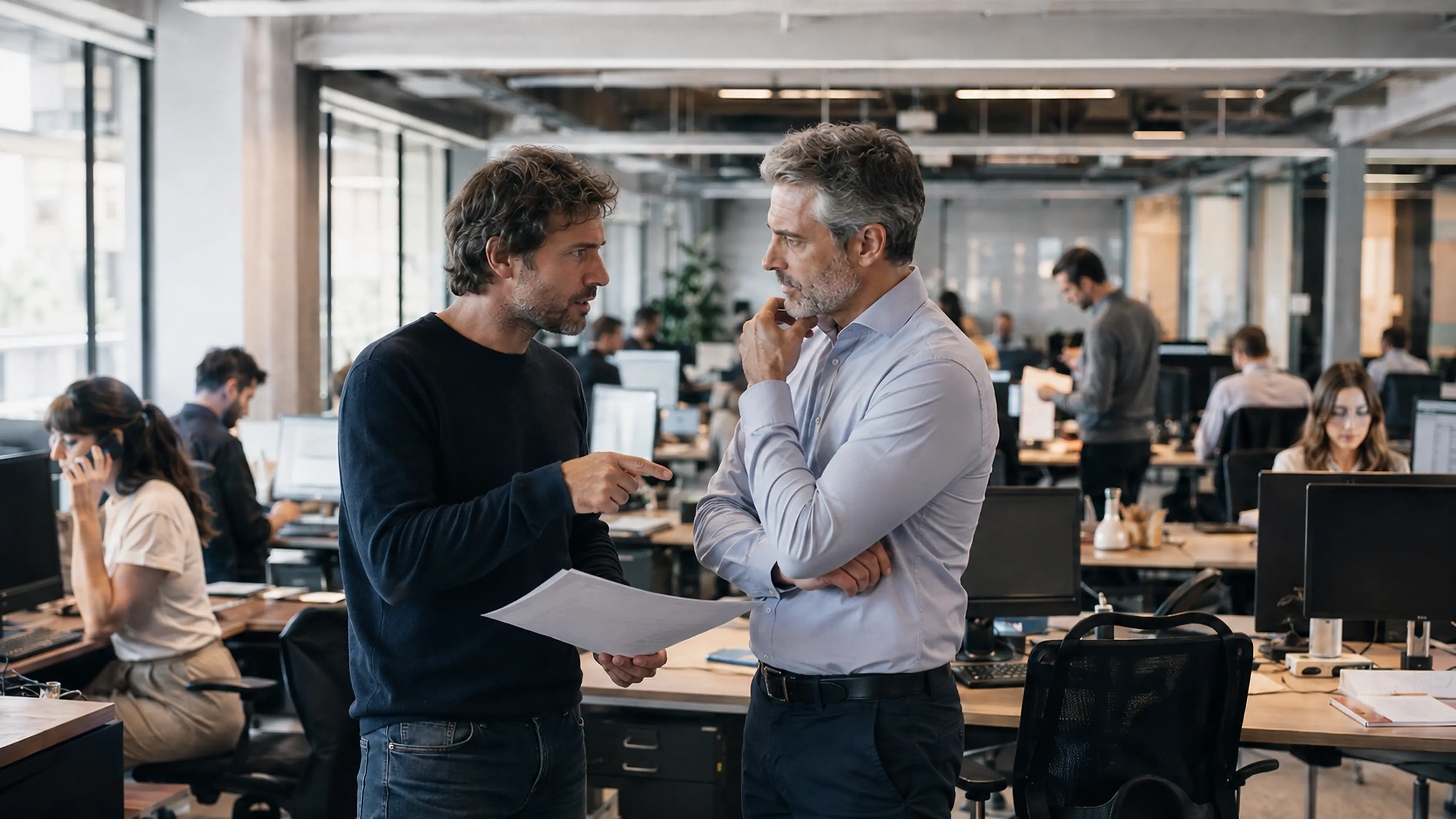 Jefe de producción conversando con tensión con el gerente general de una agencia mientras el equipo trabaja intensamente en una planta abierta.