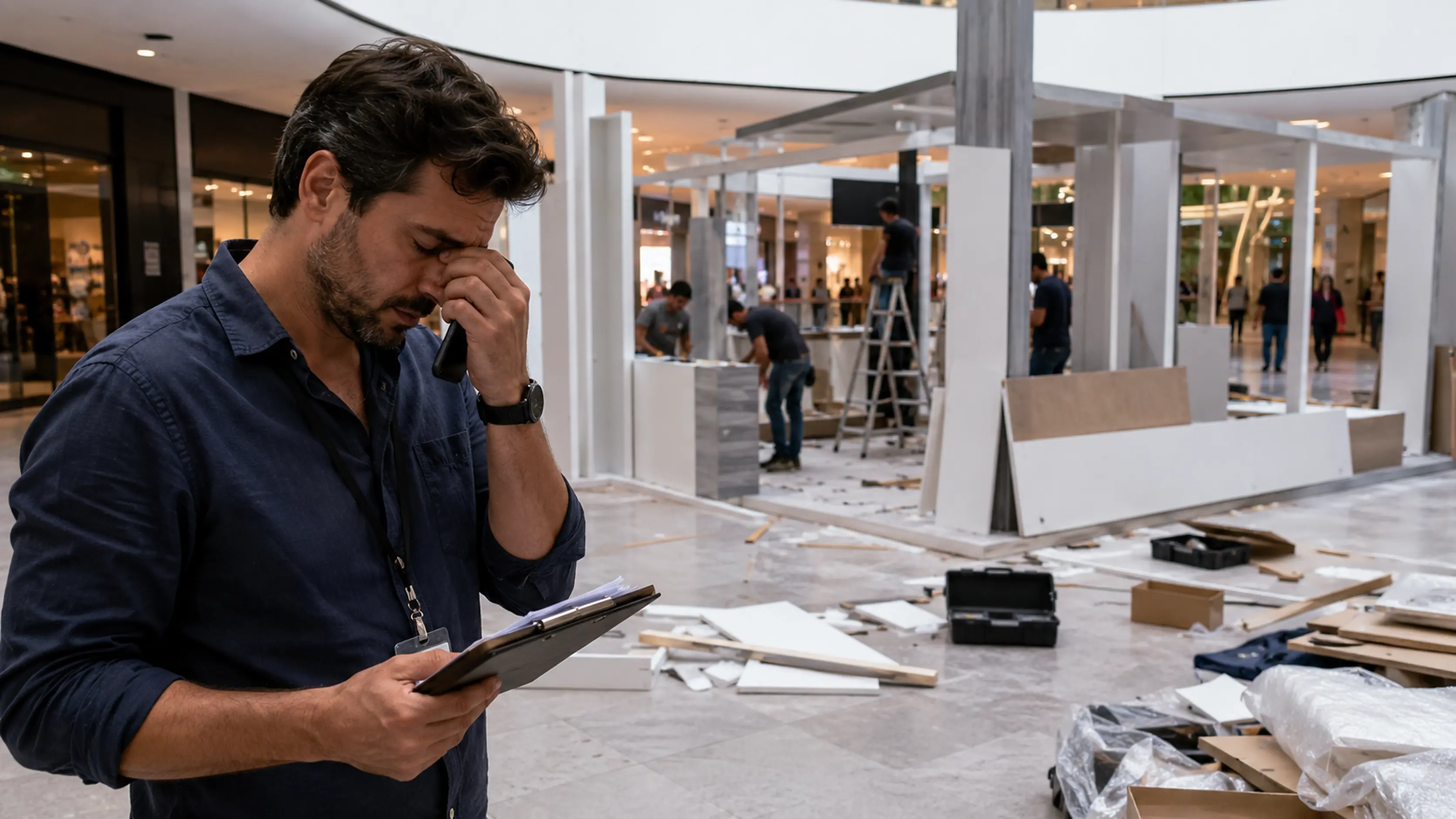 Productor agotado frente a una activación BTL con problemas de fabricación dentro de un mall.