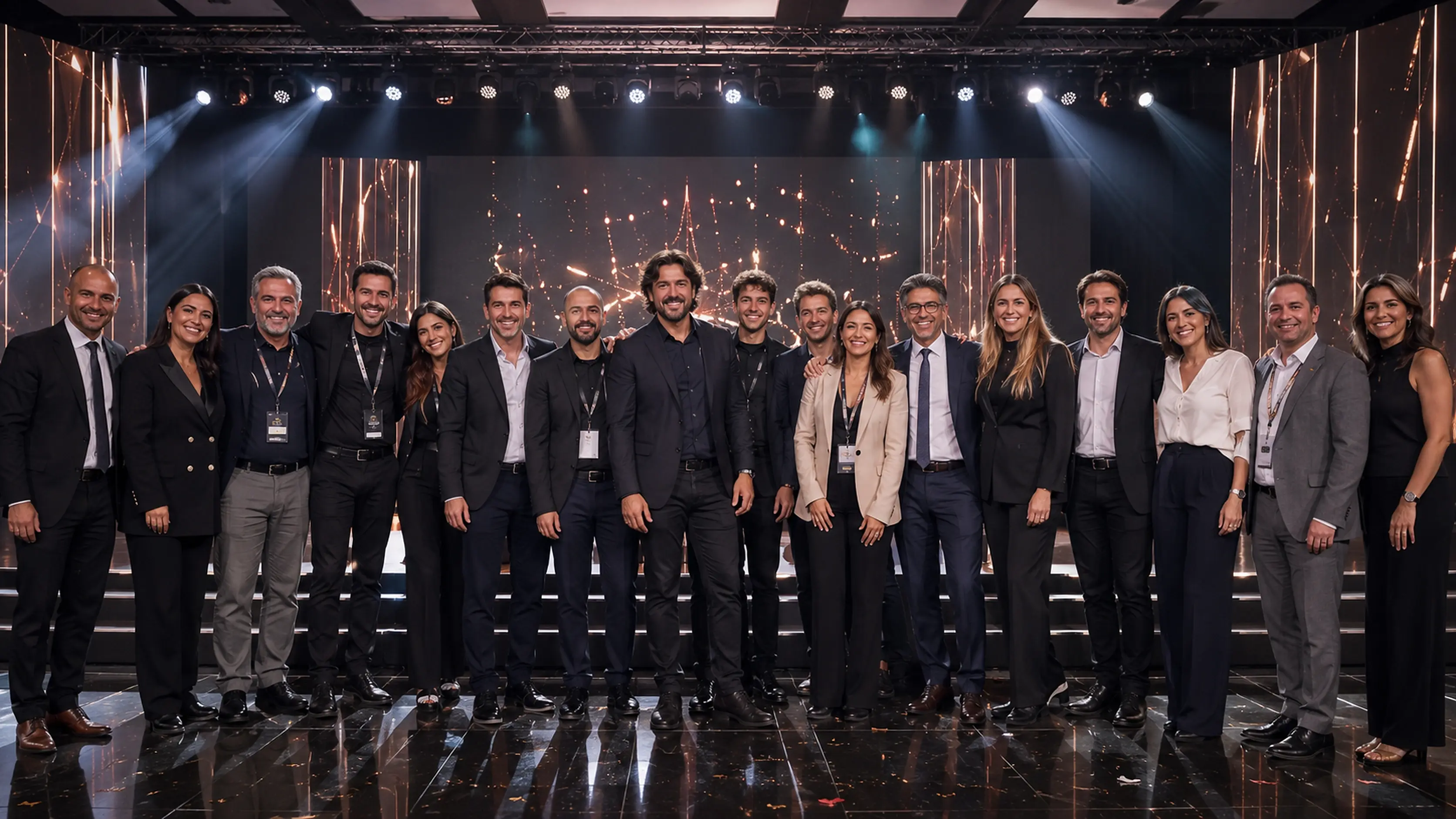 Productor senior posando en el centro del escenario junto a su equipo y los clientes después de un evento exitoso.