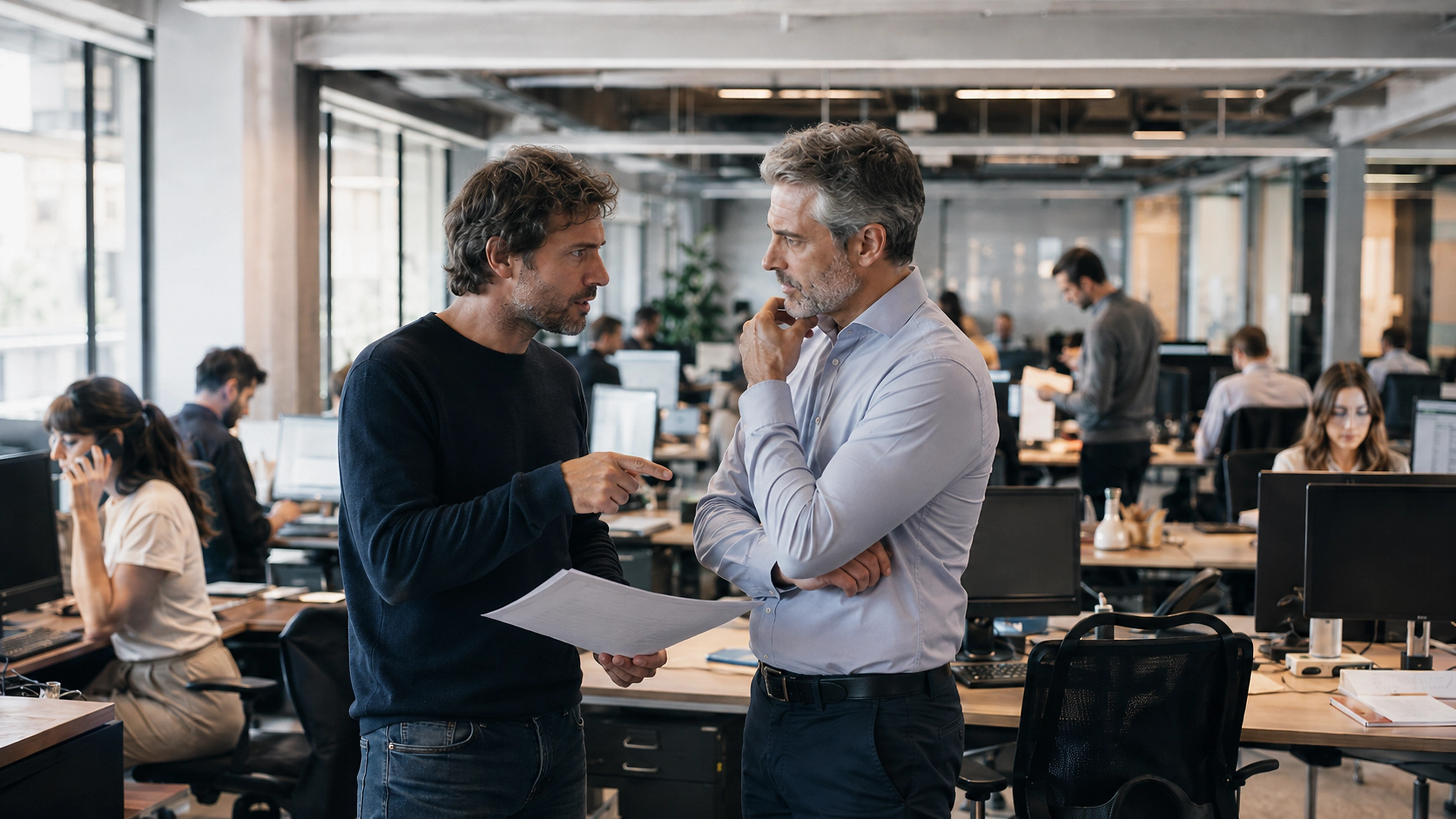 Jefe de producción conversando con tensión con el gerente general de una agencia mientras el equipo trabaja intensamente en una planta abierta.
