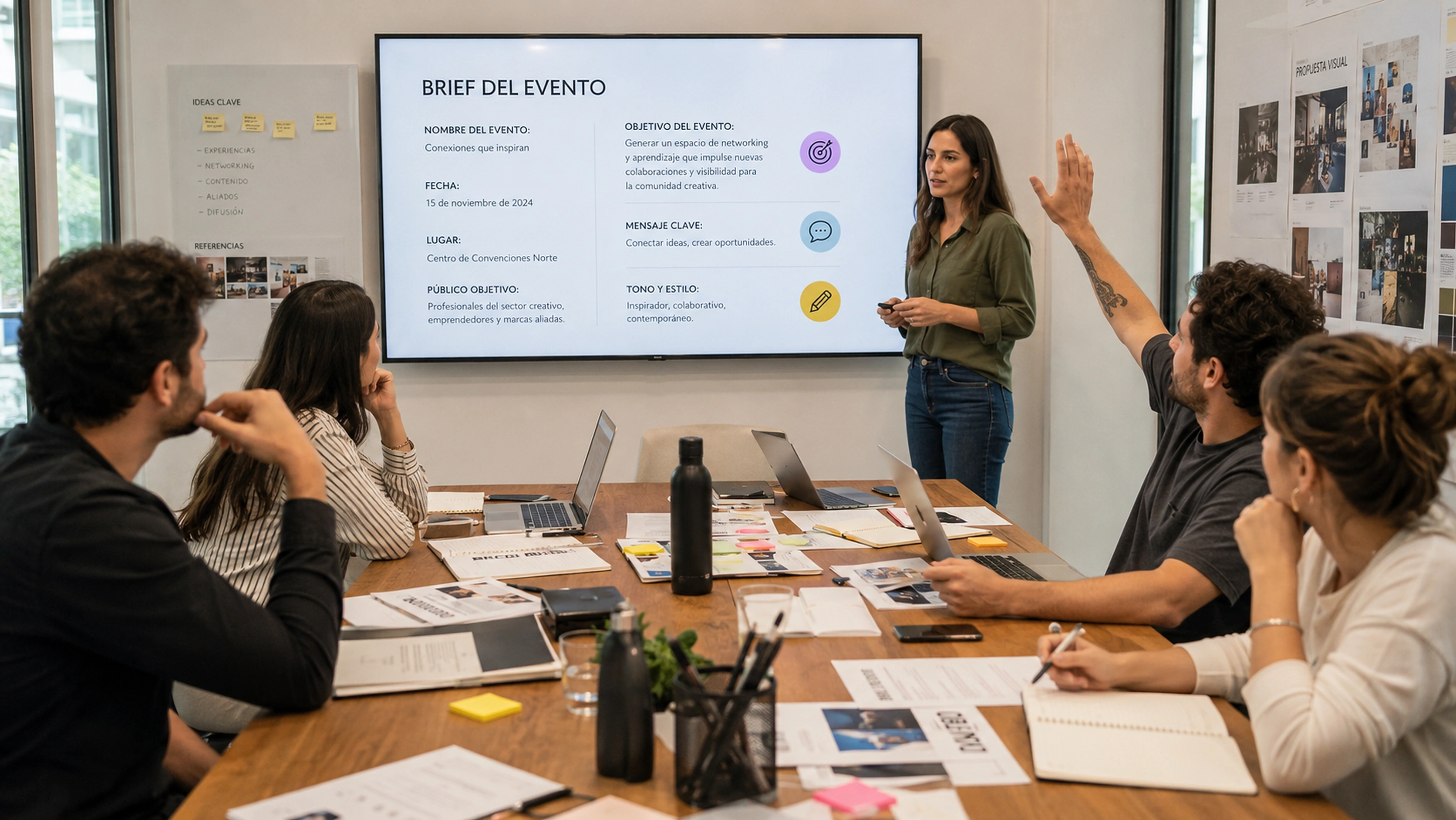 Ejecutivo de cuentas presentando un brief de evento al equipo mientras un productor levanta la mano para preguntar por el objetivo del proyecto.