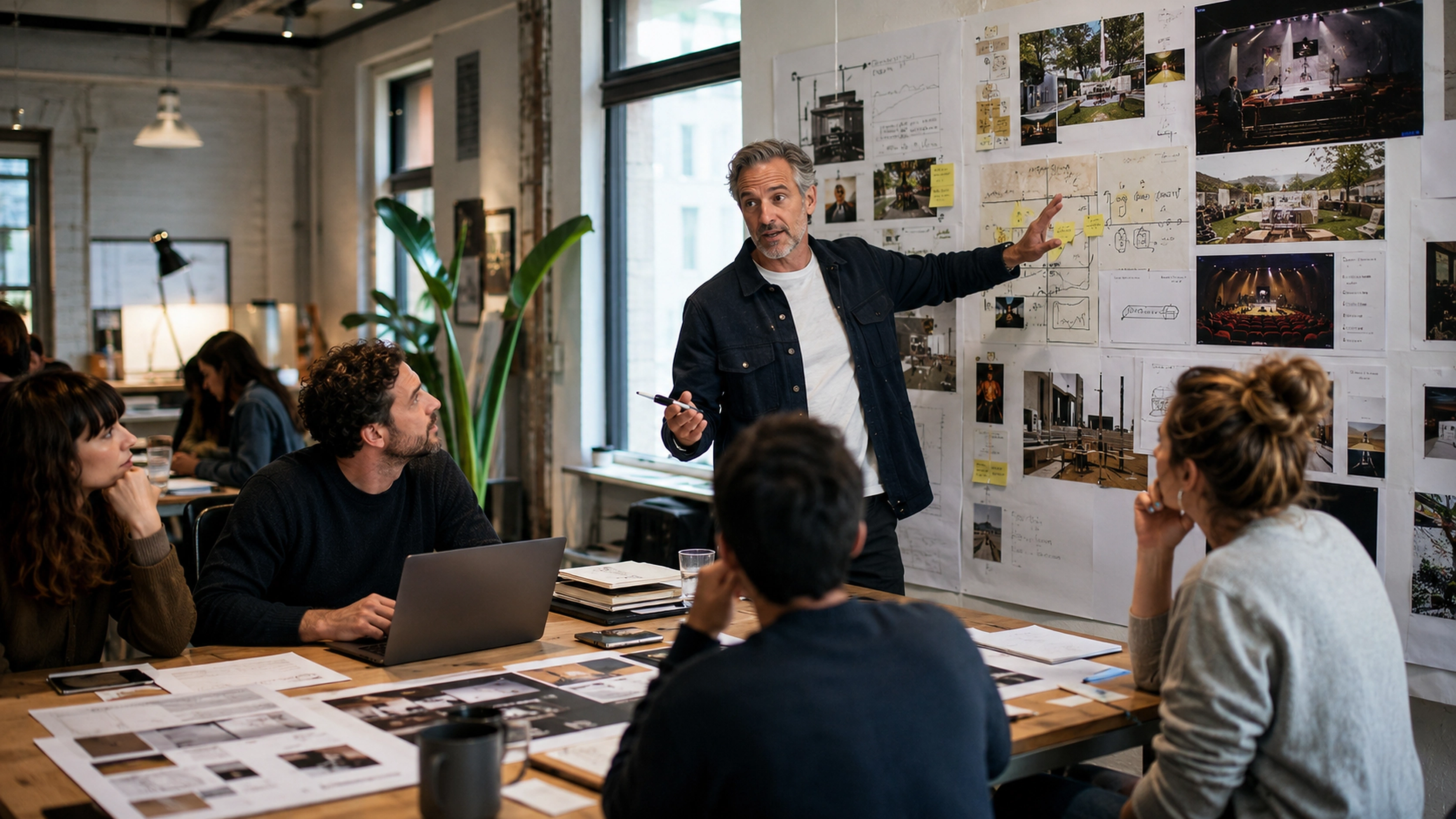 Productor senior explicando a un equipo una solución alternativa durante una reunión creativa en una agencia.