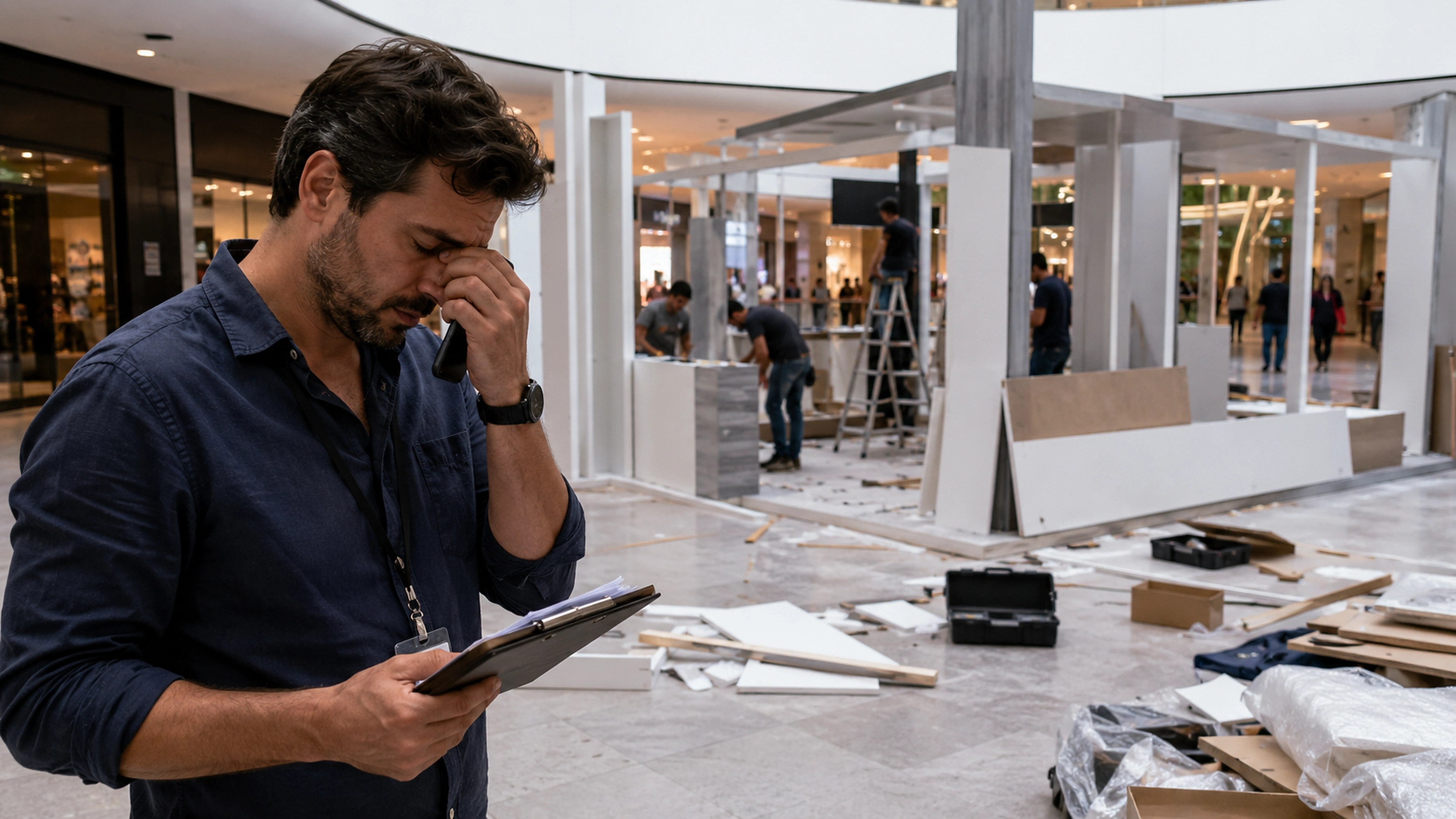 Productor agotado frente a una activación BTL con problemas de fabricación dentro de un mall.